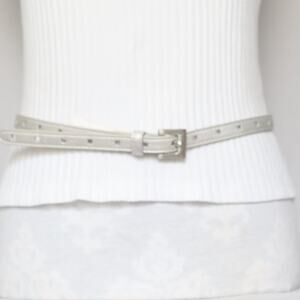 Skinny Leather Lined Belt Square Punch Holes Throughout Pearly Gray Faux Leather